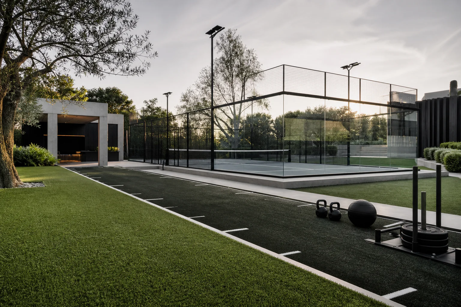 Concept visualization combining landscape turf, a custom training lane and a panoramic padel court